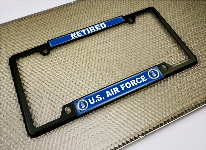 BestLicensePlateFrames [Officially Licensed Product] - USAF - U.S. Air Force Retired - Domed Custom-Made Personalized Narrow (Thin) Top 4 Hole Metal Car License Plate Frame with Free caps - Black Frame (Qty: 1) - Image 3